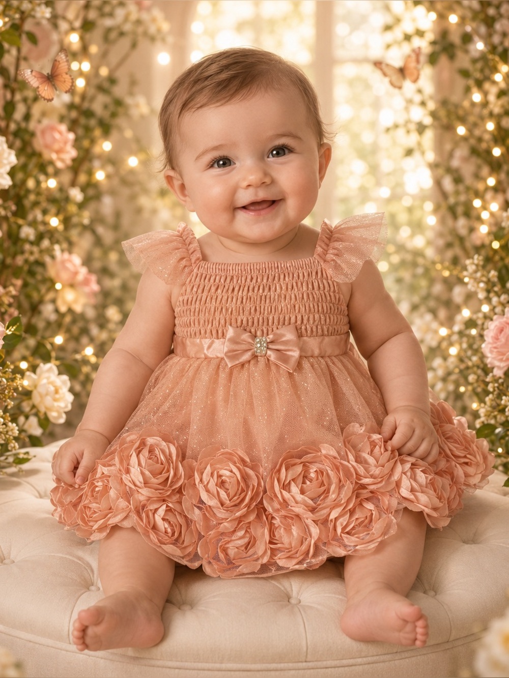Nannette Baby Girls 6–9M Peach Rosette Dress & Bloomers EUC